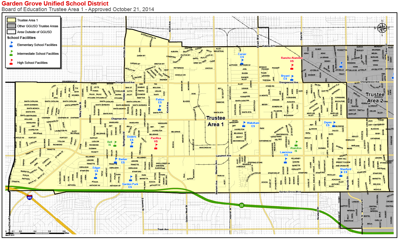 A map of the Garden Grove Unified School District highlighting Board of Education Trustee Area 1, approved on October 21, 2014. The map shows the boundaries of Trustee Area 1 in yellow, with adjacent Trustee Area 2 in gray. It includes markers for elementary, intermediate, and high school facilities throughout the area. Key streets, neighborhoods, and school locations, such as Rancho Alamitos High School and Bryant Elementary, are labeled within the district.